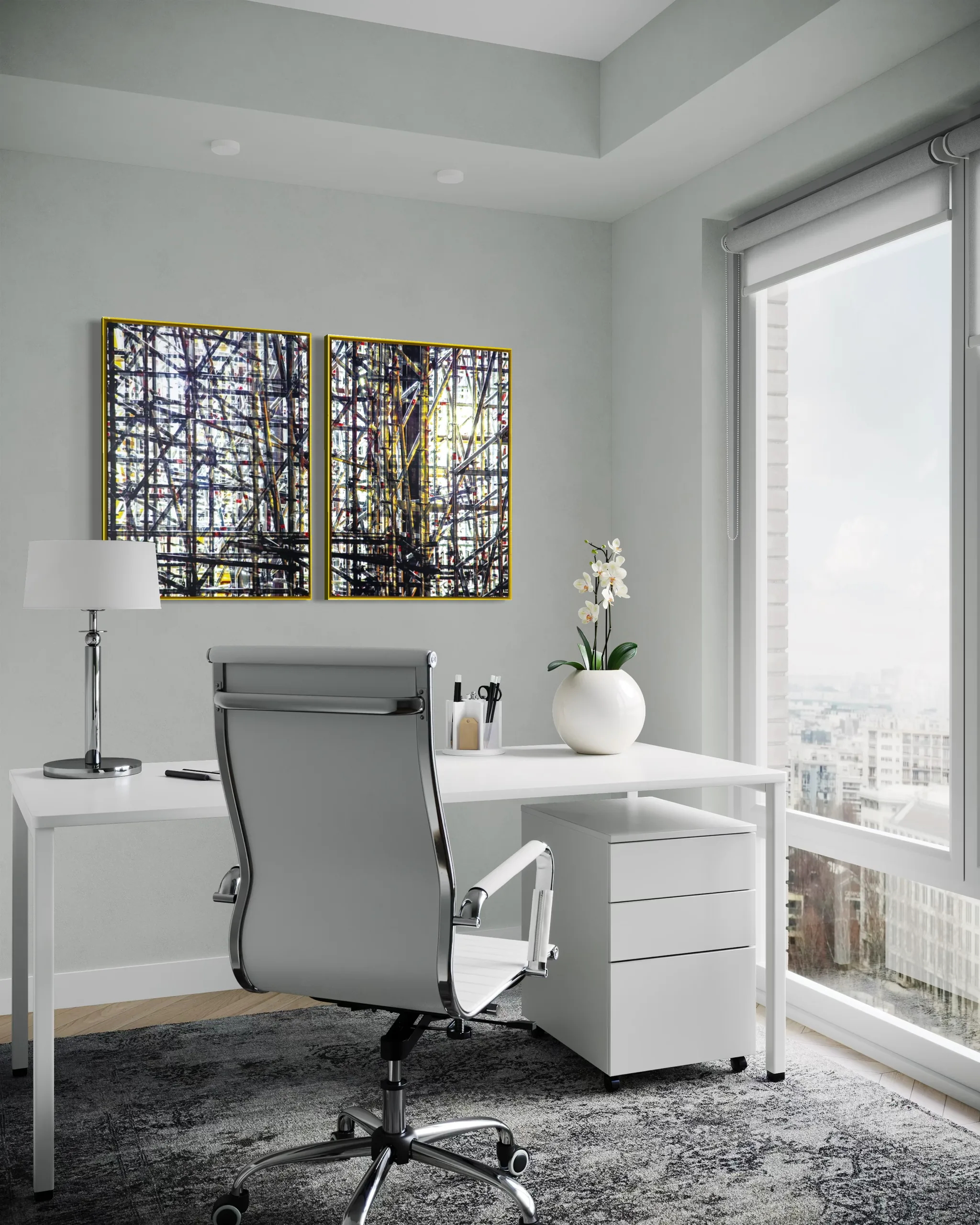 Abstrakte Kunst von Oliver Lipinski im Heimbüro hinter dem Schreibtisch